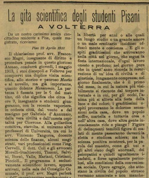 Manicomio di Volterra - Manicomio di Volterra La gita scientifica degli studenti Pisani a Volterra - ritaglio