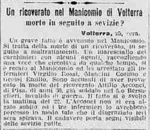 Un ricoverato nel Manicomio di Volterra morto in seguito a sevizie? (1923) - Manicomio di Volterra Un ricoverato nel Manicomio di Volterra morto in seguito a sevizie? (1923)