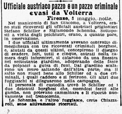 Ufficiale austriaco pazzo e un pazzo criminale evasi da Volterra (1916) - Manicomio di Volterra Ufficiale austriaco pazzo e un pazzo criminale evasi da Volterra (1916)