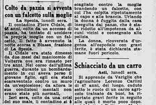 Colto da pazzia si avventa con un falcetto sulla moglie - Manicomio di Volterra Colto da pazzia si avventa con un falcetto sulla moglie