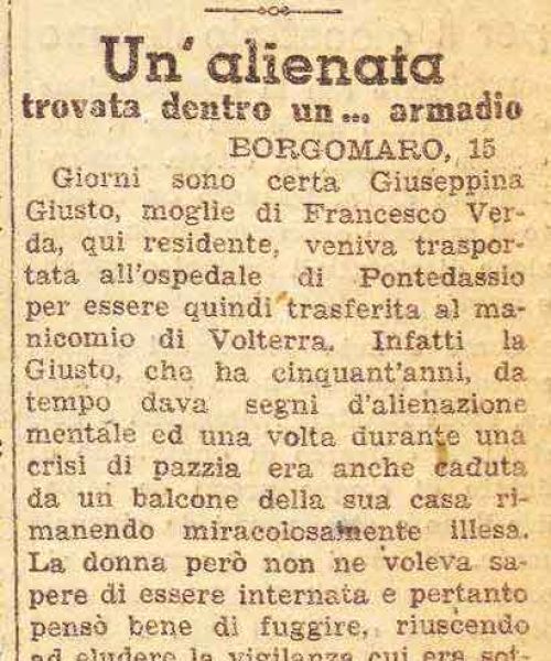 Manicomio di Volterra - Manicomio di Volterra Un'alienata trovata dentro un armadio (1938) - ritaglio