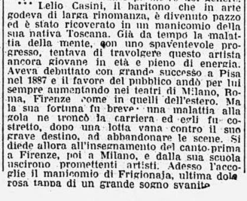 Internamento del baritono Lelio Casini - Manicomio di Volterra Internamento del baritono Lelio Casini
