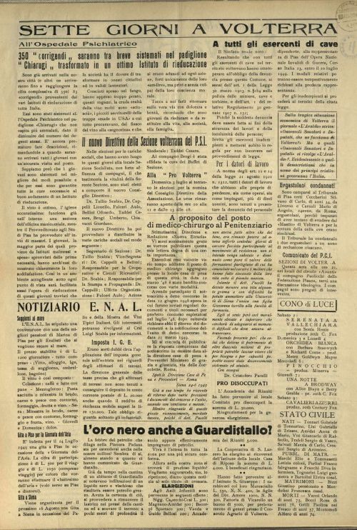 All'Ospedale Psichiatrico 350 corrigendi saranno tra breve sistemati nel padiglione Chiarugi trasformato in un ottimo Istituto di rieducazione - Manicomio di Volterra All’Ospedale Psichiatrico 350 corrigendi saranno tra breve sistemati nel padiglione Chiarugi trasformato in un ottimo Istituto di rieducazione