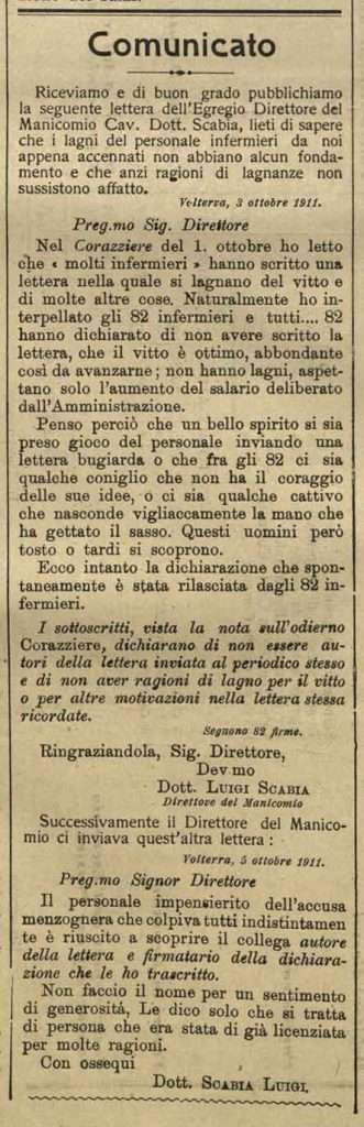 Comunicato (1911) - Manicomio di Volterra Comunicato: lettera di Luigi Scabia in risposta a polemica (ritaglio)
