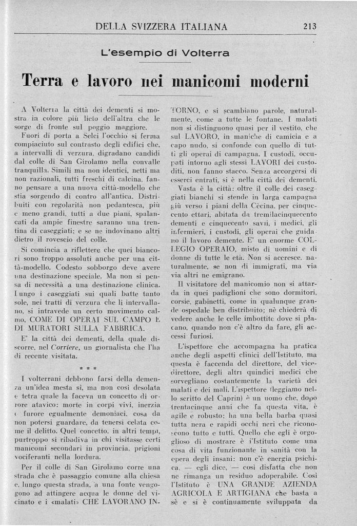 Terra e lavoro nei manicomi moderni - L'educatore della Svizzera italiana - 1934