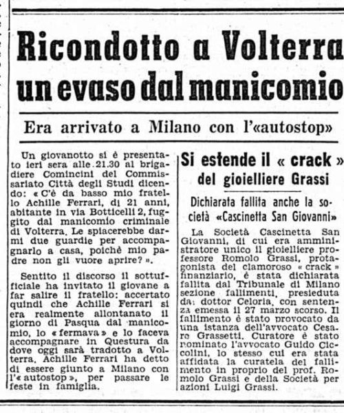 Ricondotto a Volterra un evaso dal manicomio