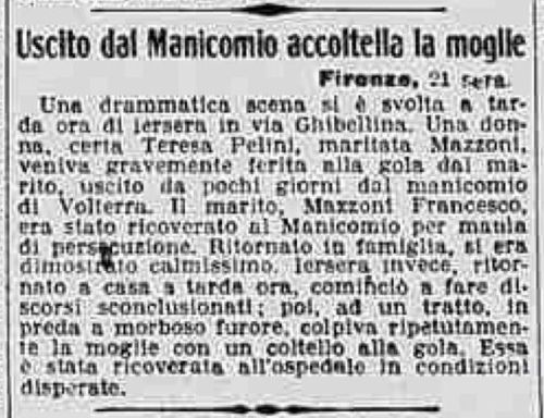 Uscito dal Manicomio accoltella la moglie - Manicomio di Volterra Uscito dal Manicomio accoltella la moglie