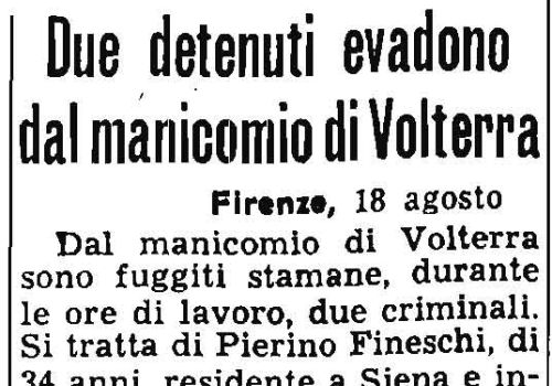 Due detenuti evadono dal manicomio di Volterra