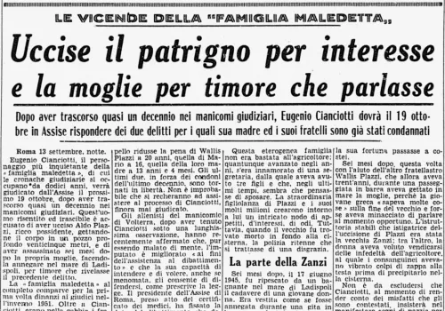 Ritaglio di giornale contenente l'articolo "Uccise il patrigno per interesse e la moglie per timore che parlasse"