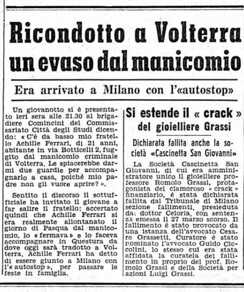 Ricondotto a Volterra un evaso dal manicomio