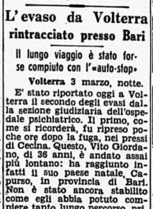L'evaso da Volterra rintracciato presso Bari (1954) - articolo